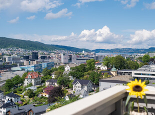 Eksepsjonell herskapelig toppleilighet med panoramautsikt, frodig hage og parkering. Oppgradert 2011. Må oppleves!