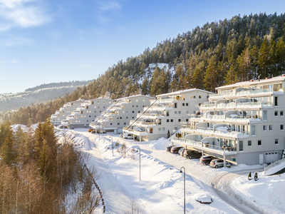 Stor og pen terrasseleilighet på 125 kvm. Nydelig utsikt utover Lierdalen. To soverom. Garasje m/ el-billader. Heis.