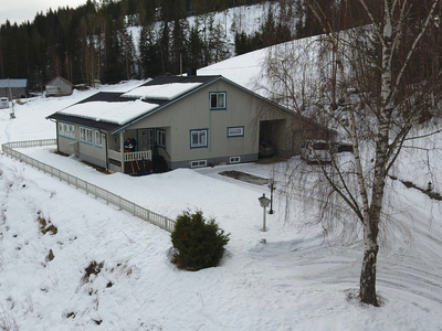 Panorama utsikt over Lomnessjøen. Enebolig med 3 soverom, stor veranda og garasje.