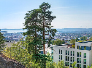 Vestvendt utsiktsleilighet med god planløsning. Soverom + kontor. Romslig garasjeplass m/lader. Heis. Solrik balkong.