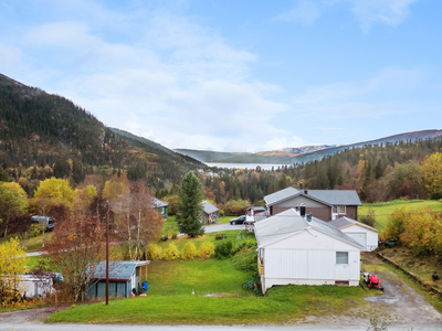 Innholdsrik enebolig med garasje, uthus og romslig tomt.