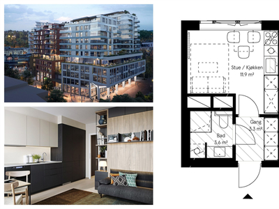 Ny og moderne 1-roms i 8. etasje. Midt i Sandvika. Lave felleskostnader og dokumentavgift. Est. ferdig Q1 2025