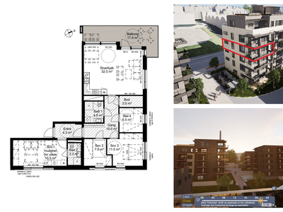 Helt ny og gjennomgående 5-roms (4+1) med etablert utleieenhet. Nordvestvendt balkong på 17 m². Est. ferdig mai 2024