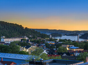 Usjenert og særegen loftsleilighet (120 m² i gulvareal) med nydelig utsikt over byen og fjorden, privat terrasse og peis