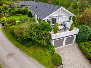 Velholdt enebolig med nydelig hage, solfylte terrasser, dobbelgarasje og inngang fra begge etasjer. Barnevennlig idyll.